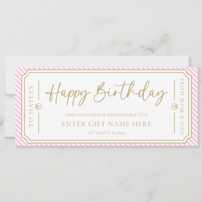 Blassrosa Happy Birthday Gift Voucher Card Einladung (Vorderseite)