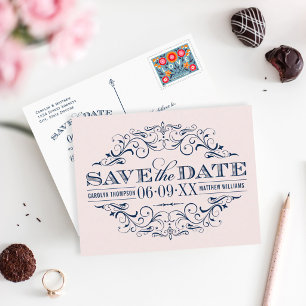 Blassrosa Navy-Schriftrolle - Save-the-Date-Karte Ankündigungspostkarte