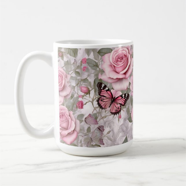 Blassrosa Schmetterlinge und Rose Kaffeetasse (Links)