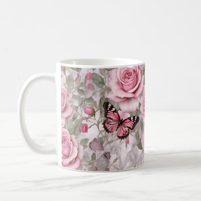 Blassrosa Schmetterlinge und Rose Kaffeetasse (Links)