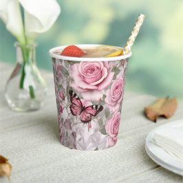 Blassrosa Schmetterlinge und Rose Pappbecher