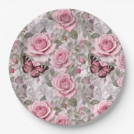 Blassrosa Schmetterlinge und Rose Pappteller