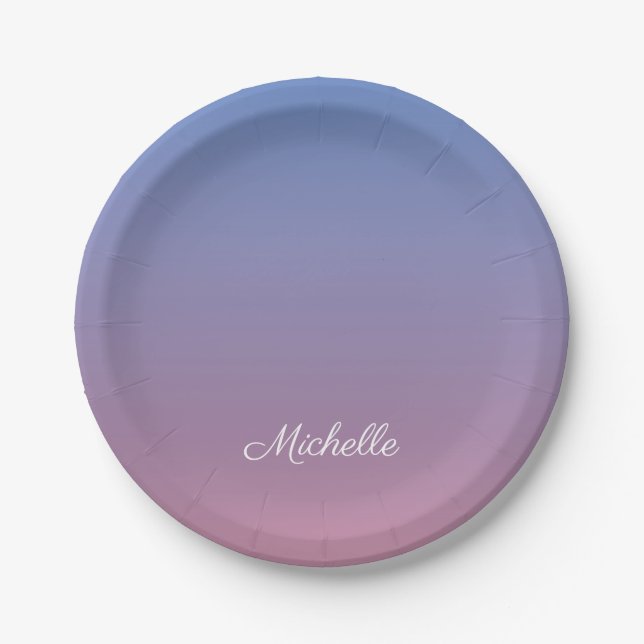 Blassrosa und blaue Gradientenombre Pappteller (Vorderseite)