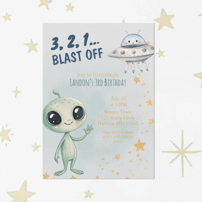 Blast Off Outer Space Boys Third Birthday Einladung (Von Creator hochgeladen)