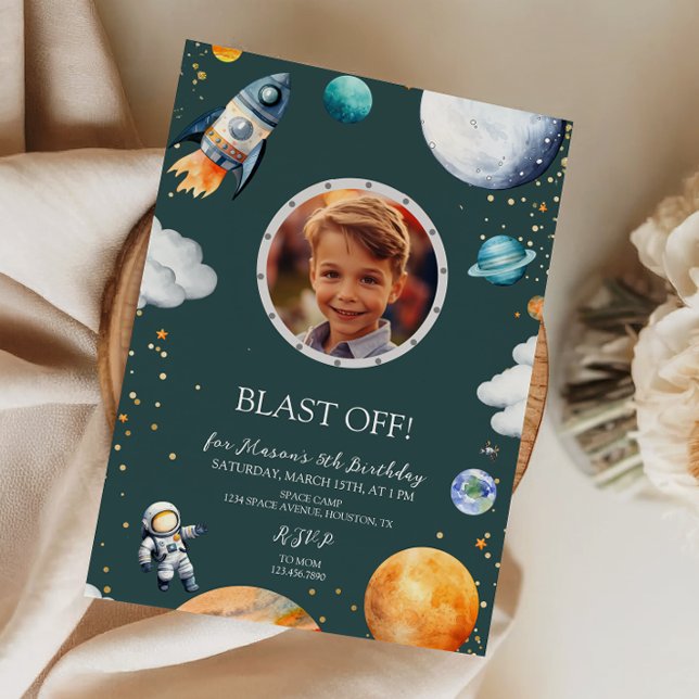 Blast Off Photo Space Theme Kids Birthday Party Einladung (Von Creator hochgeladen)