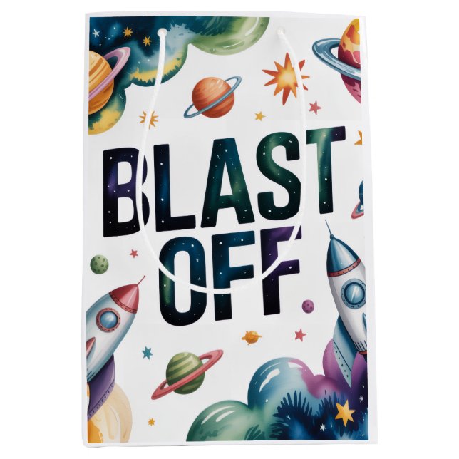 "Blast Off Space Boy Astronaut Birthday Party" Mittlere Geschenktüte (Vorderseite)