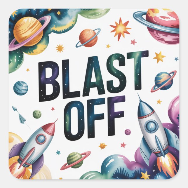 "Blast Off Space Boy Astronaut Birthday Party" Quadratischer Aufkleber (Vorderseite)