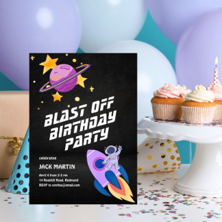 Blast Off Space Thema Geburtstagseinladung Einladung