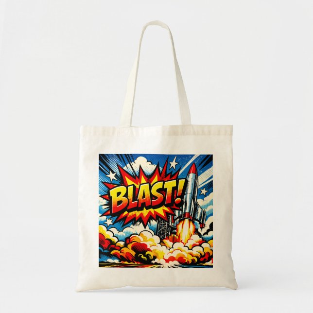 BLAST! Retro-Pop-Art-Raketenexplosion Tragetasche (Vorne)