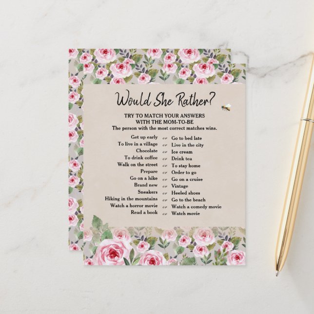 Blatt Blatt Spiel "Würde sie eher? (Vorderseite/Rückseite Beispiel)