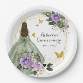 Blatt für grünes Lila Quinceañera Pappteller