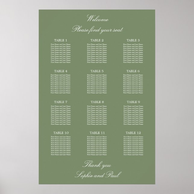 Blatt Green 12 Table Wedding Seating Chart Poster (Vorne)