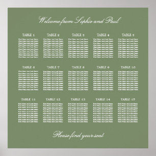 Blatt Green 15 Table Wedding Seating Chart Poster