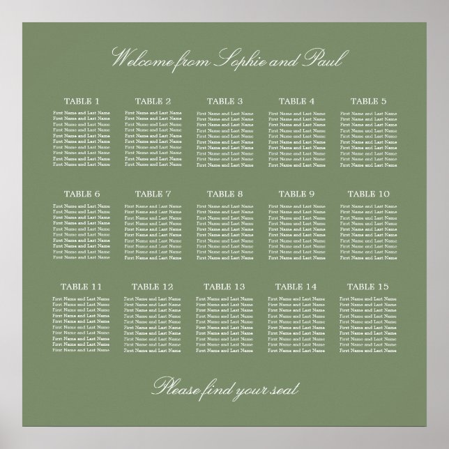 Blatt Green 15 Table Wedding Seating Chart Poster (Vorne)