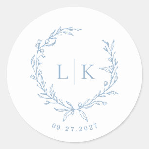 Blatt-Monogramm Staubblau-Hochzeit Runder Aufkleber