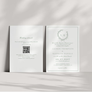 Blatt-Monogramm-Wappen Sage-Grün QR-Code Hochzeit Einladung