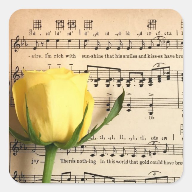 Blatt Music Yellow Rose Quadratischer Aufkleber (Vorderseite)