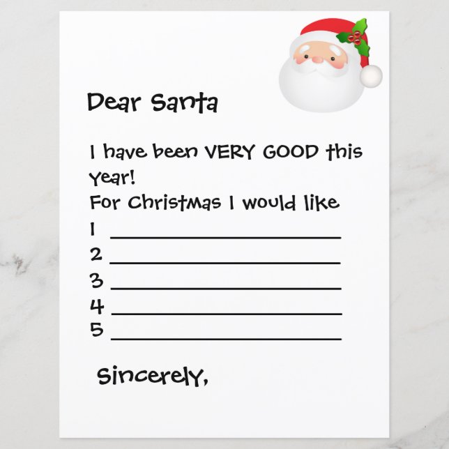 Blatt Papier - Sehr geehrter Weihnachtsmann möchte (Vorderseite)