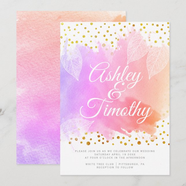 Blätter auf einer Hochzeit mit rosa Aquarellkallig Einladung (Vorne/Hinten)