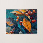 Blätter aus dem Niederwald gestrichen. Herbstkunst<br><div class="desc">Fall Waldland Blätter und Rowan Beerry Puzzle. Abstraktes modernes Herbstöl bemalt Kunst in blau-roten Orangenfarben.</div>