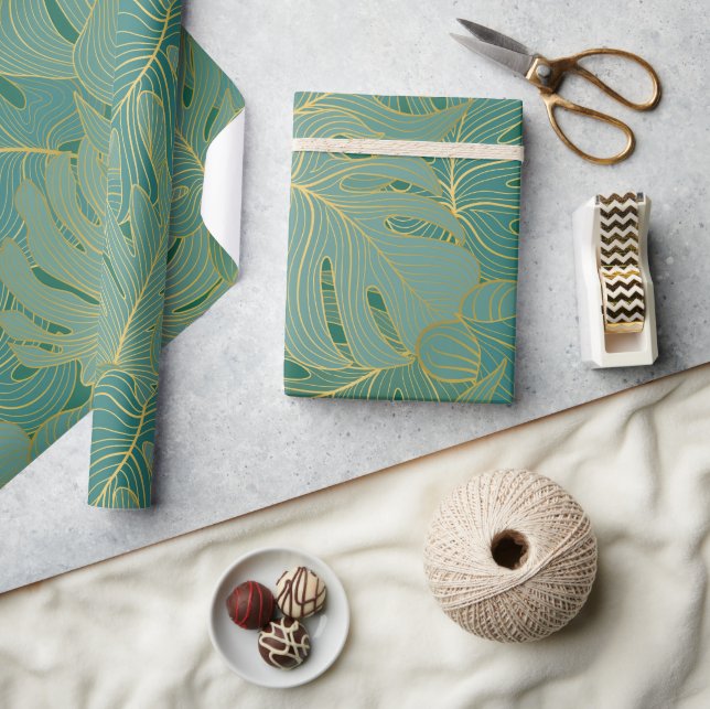 Blätter aus der grünen und goldenen Palme Geschenkpapier (Kunsthandwerk)
