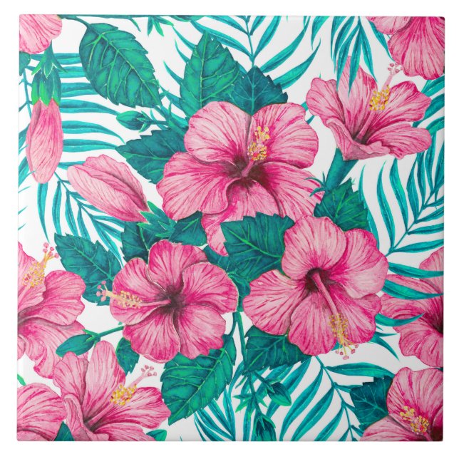 Blätter aus Hibiskus und Palme Fliese (Vorderseite)