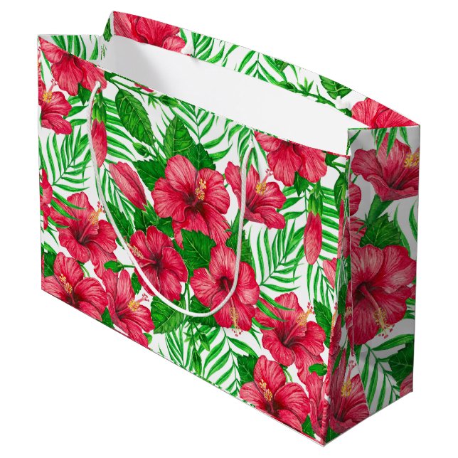 Blätter aus Hibiskus und Palme Große Geschenktüte (Rückseite Schrägansicht)