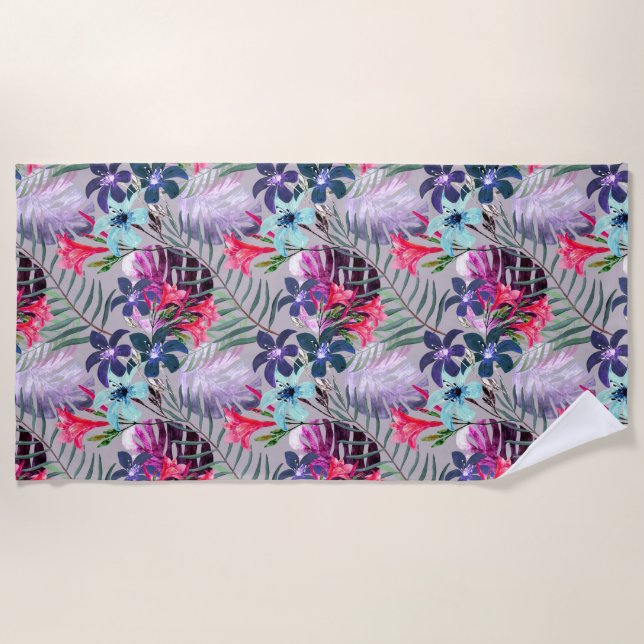 Blätter aus Palmen, blumenreich, botanisch, bunt,  Strandtuch (Vorderseite)