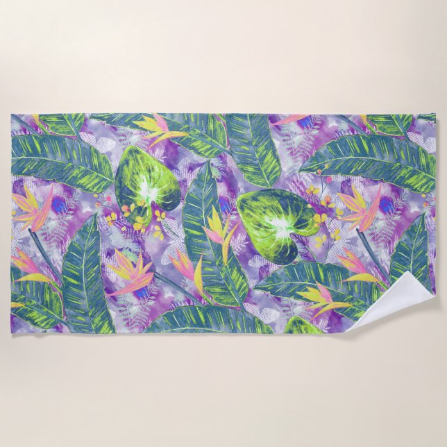 Blätter aus Palmen, tropisch, botanisch, bunt Strandtuch (Vorderseite)