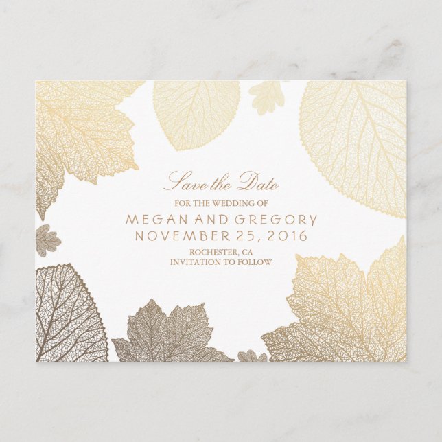 Blätter aus Weiß und Gold fallen Save the Date Ankündigungspostkarte (Vorderseite)