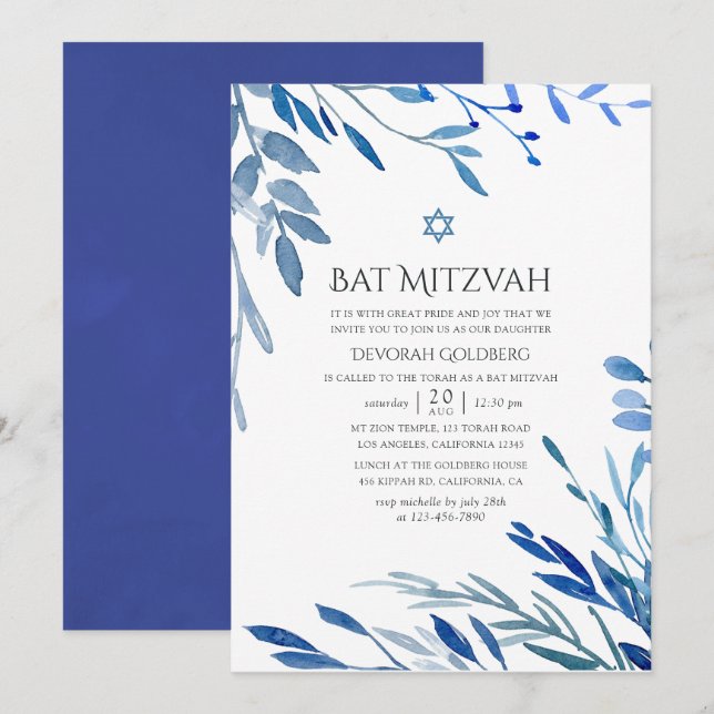 Blätter Bat Mitzvah für die Aquarellbahn Einladung (Vorne/Hinten)