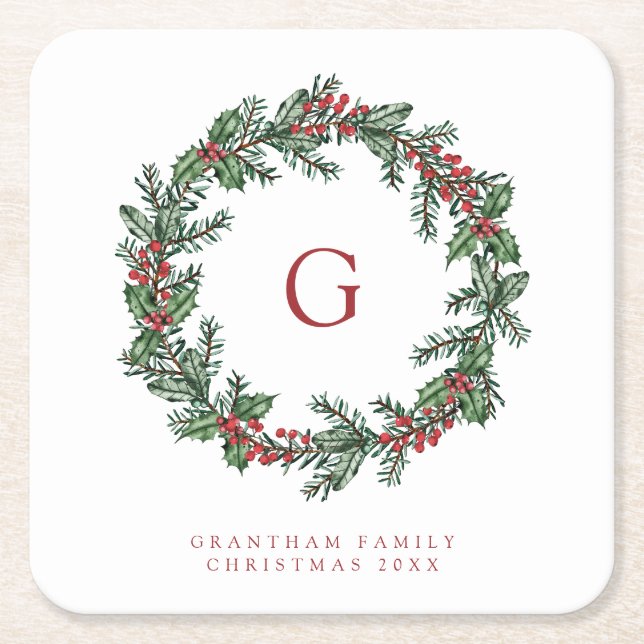 Blätter & Berries Wreath Monogram Weihnachten Rechteckiger Pappuntersetzer (Vorderseite)