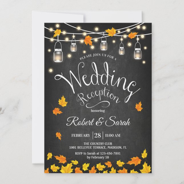 Blätter Chalkboard Fall Rustikale Hochzeitsempfehl Einladung (Vorderseite)