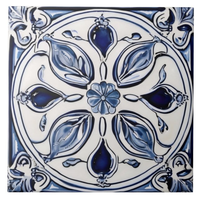 Blätter der blauen und weißen Blume Symmetrische F Fliese (Vorderseite)