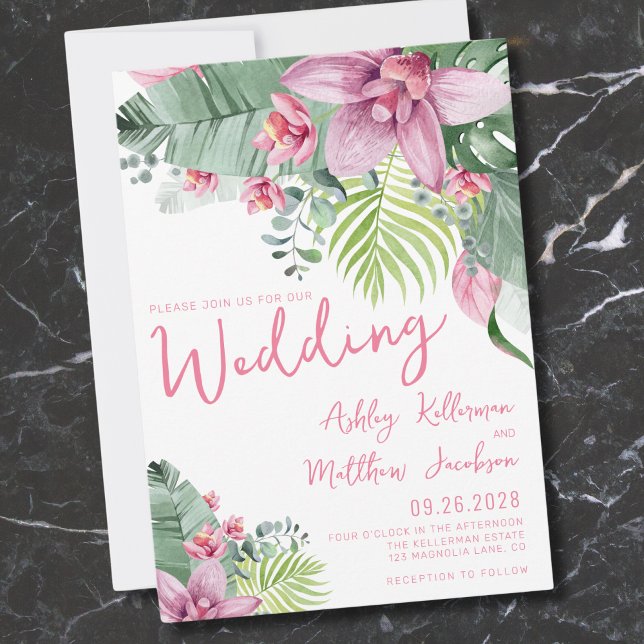 Blätter der Blumenpalme Tropical Wedding Einladung (Pink Green Floral Palm Leaves Tropical Wedding Invitation)