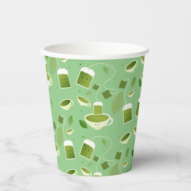 Blätter der gemusterten grünen Tea Teacup Tasche Pappbecher (Vorderseite)
