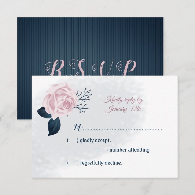 Blätter der Marine und rosa Blume RSVP Karte (Vorne/Hinten)