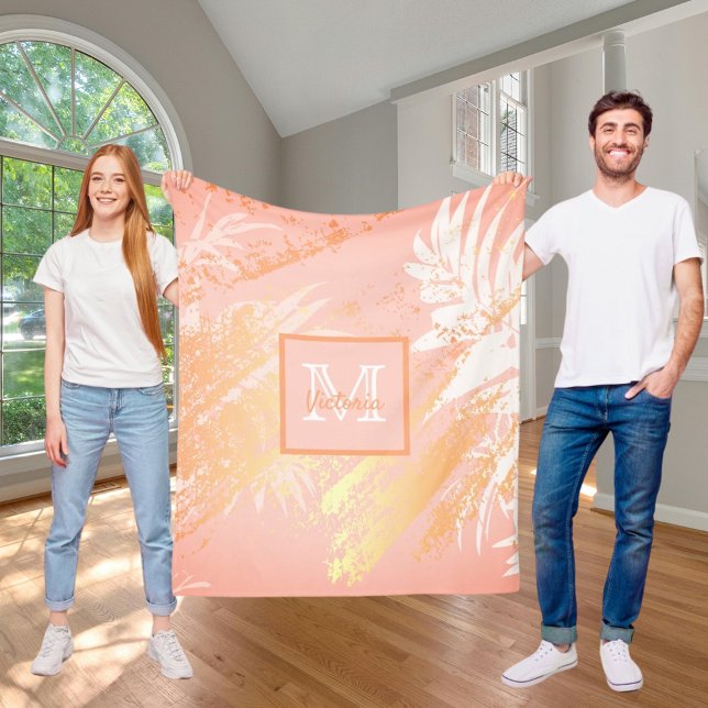 Blätter der Rose Coral Gold tropische Palmen Fleecedecke (Von Creator hochgeladen)