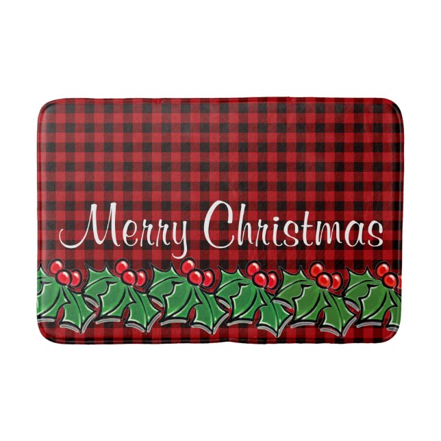 Blätter des Weihnachtsklassikers Red Kariert Holly Badematte (Vorderseite)