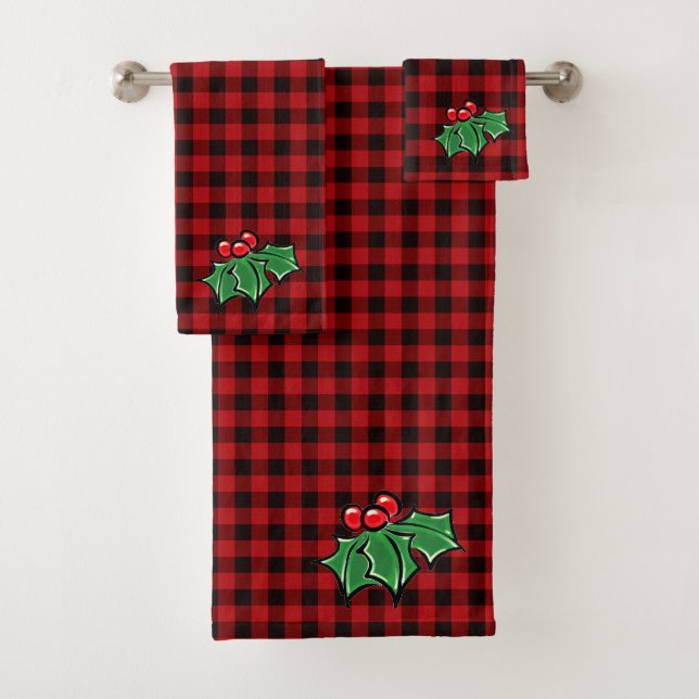 Blätter des Weihnachtsklassikers Red Kariert Holly Badhandtuch Set (Insitu)