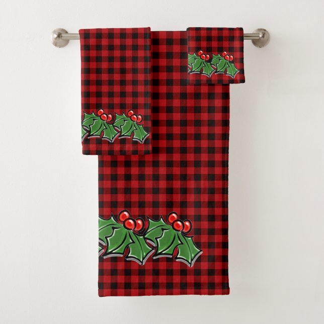 Blätter des Weihnachtsklassikers Red Kariert Holly Badhandtuch Set (Insitu)