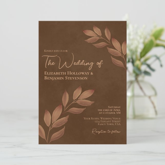 Blätter Elegante Chic Chestnut Brown Wedding Einladung (Stehend Vorderseite)