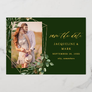 Blätter & Eukalyptus Gold V Foto Save the Date Gre Folieneinladung
