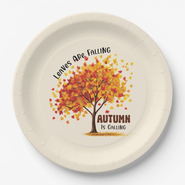 Blätter fallen, Herbst ruft - gemütlicher Fall Pappteller (Vorderseite)