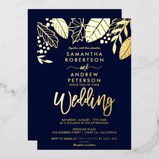 Blätter fallen Typografie und Blaue Hochzeit Folieneinladung (Vorderseite/Rückseite)