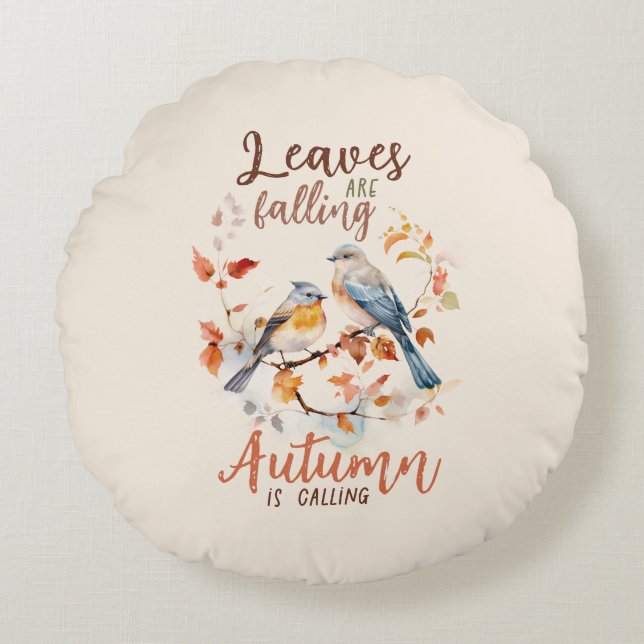 Blätter fallen - Whimsical Fall Birds & Foliage Rundes Kissen (Vorderseite)