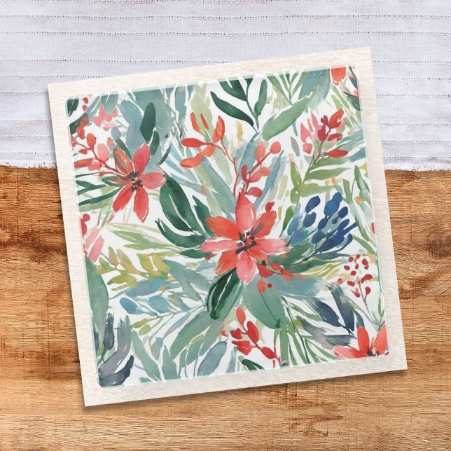 Blätter für botanische Blume Glasuntersetzer (A beautiful glass drinks coaster, illustrated with watercolour-style poinsettia flowers and leaves)