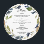 Blätter für den Blumengarten Menükarte<br><div class="desc">Modernes und elegantes Design bedruckt Navy Floral Greenery Blätter Round Menu Card For Plate,  die mit Ihrem Text angepasst werden kann. Karo im Grafikdesign-Store für andere Produkte,  die diesem Design entsprechen!</div>