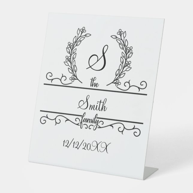 Blätter für die mit Monogramm Hochzeitfamilie Sockelschild (Vorderseite)