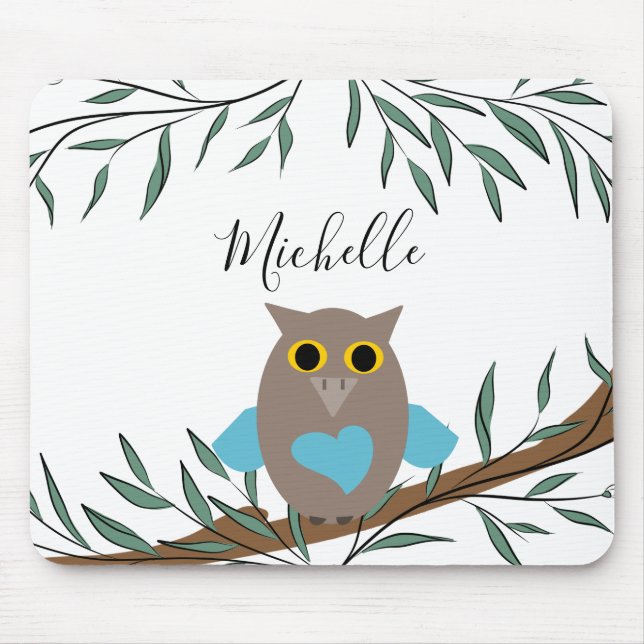 Blätter für die niedliche Blue Heart Owl Branch Na Mousepad (Vorne)